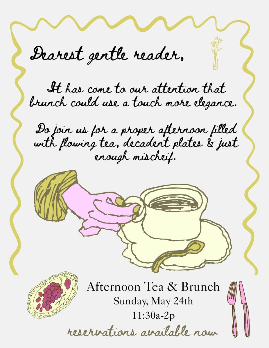 Hand-illustrated Bridgerton High Tea announcement — a gloved hand lifting a teacup, with the date Sunday May 24th