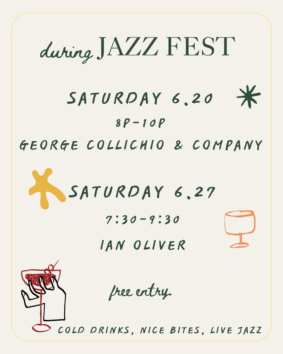 Jazz Fest lineup poster — George Collichio & Company Saturday 6/20, Ian Oliver Saturday 6/27, free entry