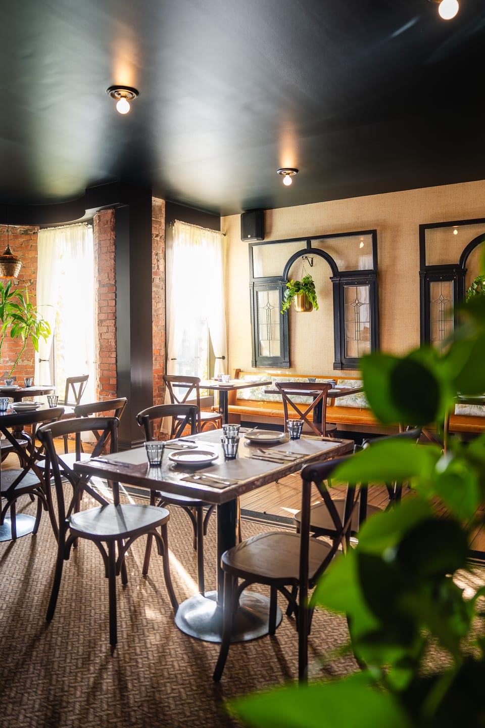 Window-side table at The Alexander — afternoon light, brick wall, foliage in foreground